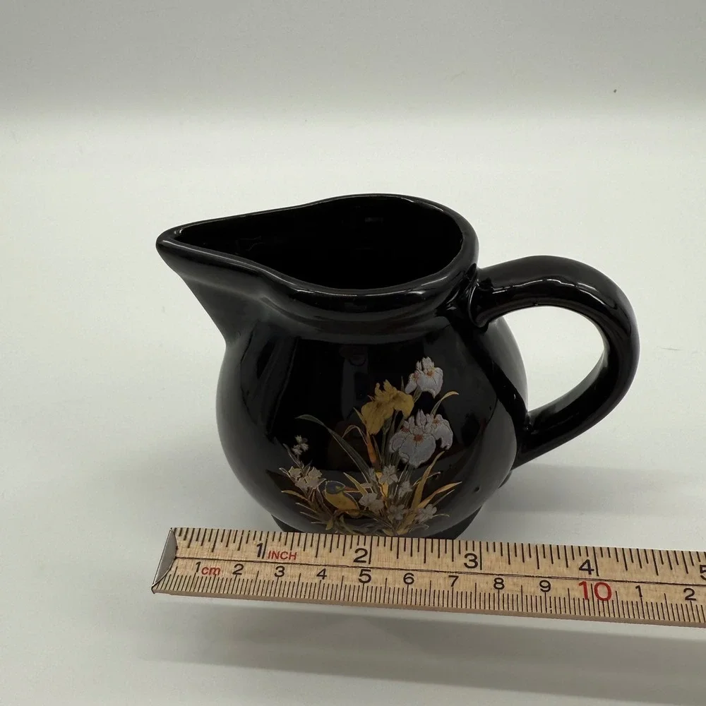 Floral Black Sugar Bowl Creamer Set Taiwan Iris Gold Accent Kitchen Serving‎